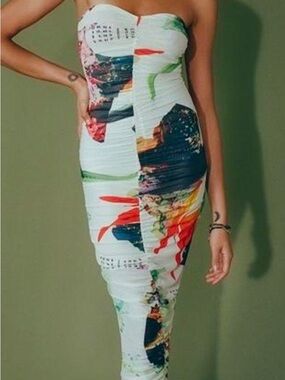 Miaou White Strapless Abstract Floral Bodycon Dress